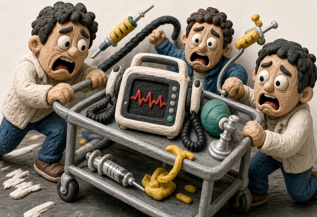 Claymation emergency team rushing a crash cart with a defibrillator