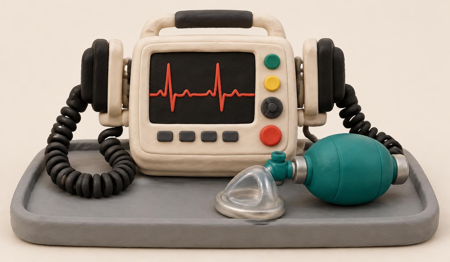 The app’s crash cart with a defibrillator and resuscitation bag